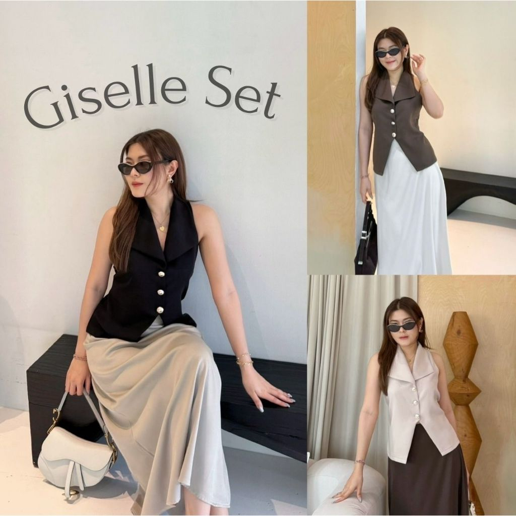 Giselle Set :: ชุดเซ็ทกระโปรง 2 ชิ้น ชุดเซ็ทกระโปรง เสื้อคอปกแขนกุด (ดึงหลัง) ออกงานได้ คาเฟ่ได้ กระโปรงยาว BETTY(B009)