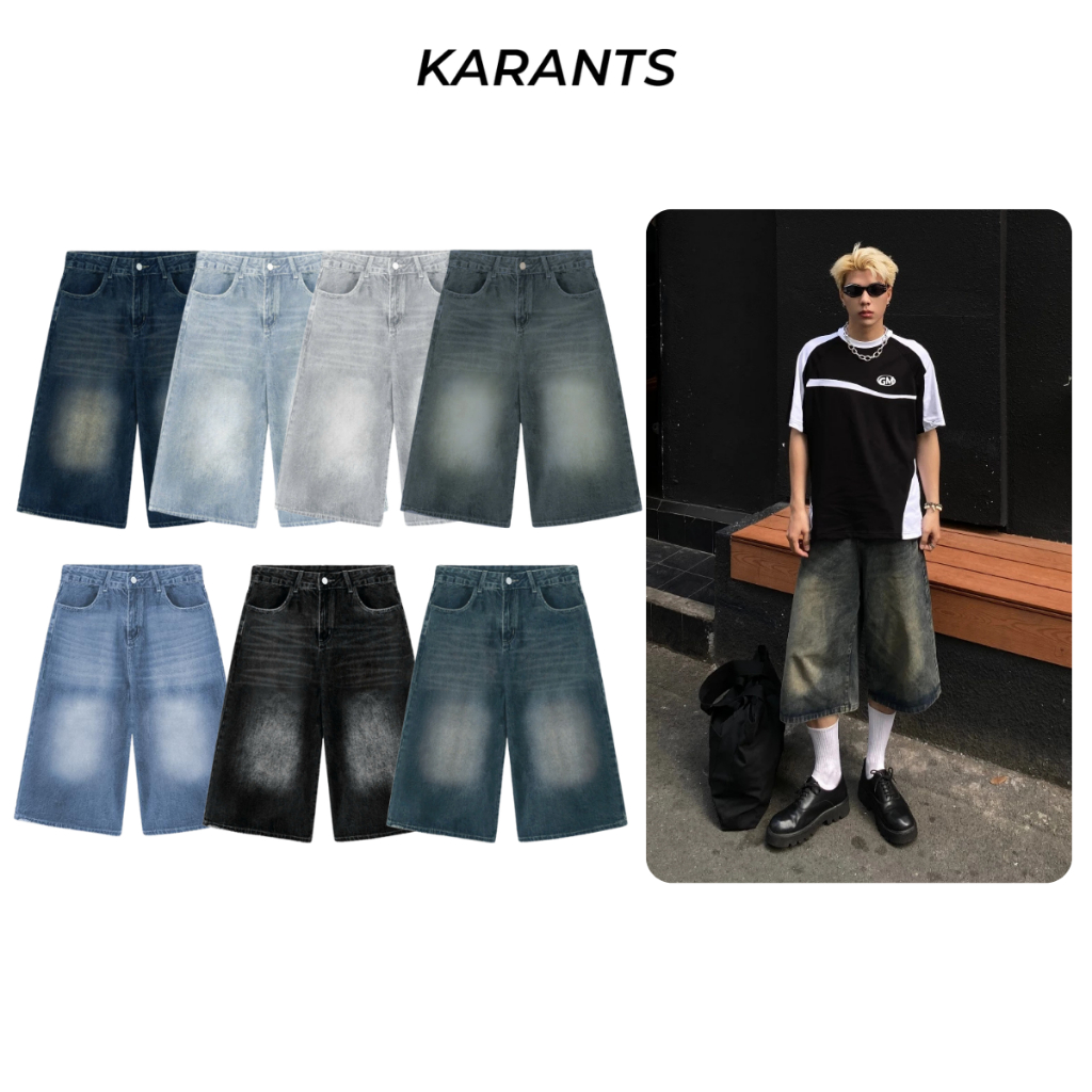 Karants กางเกง Baggy Jeans Short แบบพื้นฐาน ขากว้าง เทรนด์ฮิต สไตล์ Streetwear Unisex KQ98 สำหรับผู้