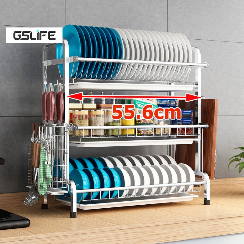GSlife 42/56cm ชั้นวางจานสแตนเลส 3/2ชั้น ที่คว่ำจานครบเซ็ท ขนาดใหญ่ขึ้น ความจุมากขึ้น