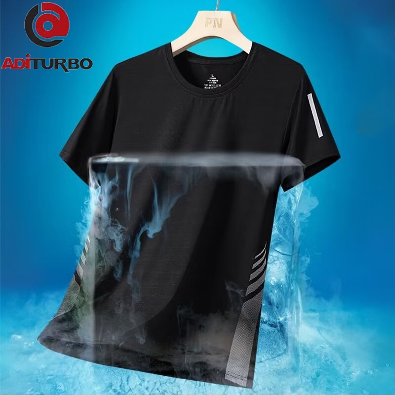 Aditurbo เสื้อยืดกีฬาสีดำ ผลิตจากผ้าไอซ์ซิลค์ยืดหยุ่น ระบายอากาศได้ดี แห้งเร็ว ไม่ยับ [S001]