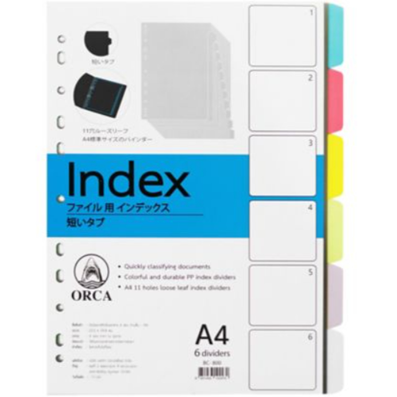 Index อินเด็กซ์พลาสติค ที่คั่นแฟ้ม 6 หยัก คละสี ขนาด A4 ORCA  เบอร์ BC-800