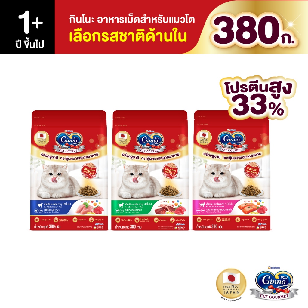 [เลือกรสชาติได้] Unicharm Ginno Cat Dry Food กินโนะ อาหารเม็ดแมวแบบแห้ง สำหรับแมวอายุ 1 ปีขึ้นไป 380