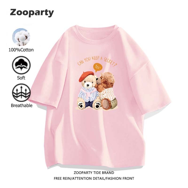เสื้อยืด Teddy Bear ลายพิมพ์การ์ตูนน่ารัก ผ้าฝ้ายแท้ ผ้านุ่มใส่สบายใส่สบาย ไม่หด คอกลม เสื้อยืดสตรี มี 10 สี พร้อมส่ง