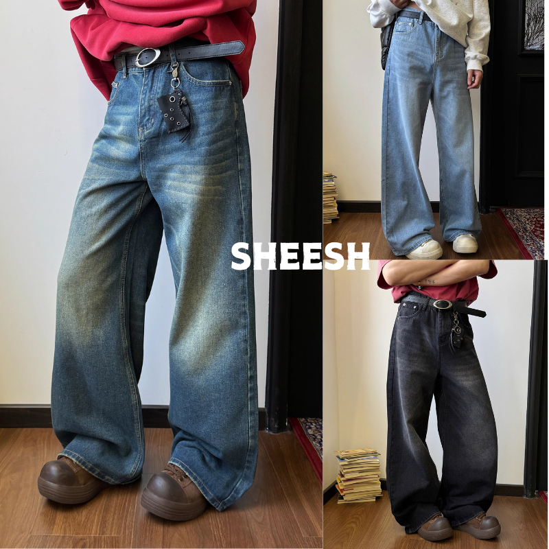 SHEESH-กางเกงยีนส์ผู้ชาย ขากระบอกใหญ่ ผ้าไม่ยืด ขายาว baggy jeans เท่ๆ  ใส่สบาย สไตล์อเมริกันวินเทจ S-3XL