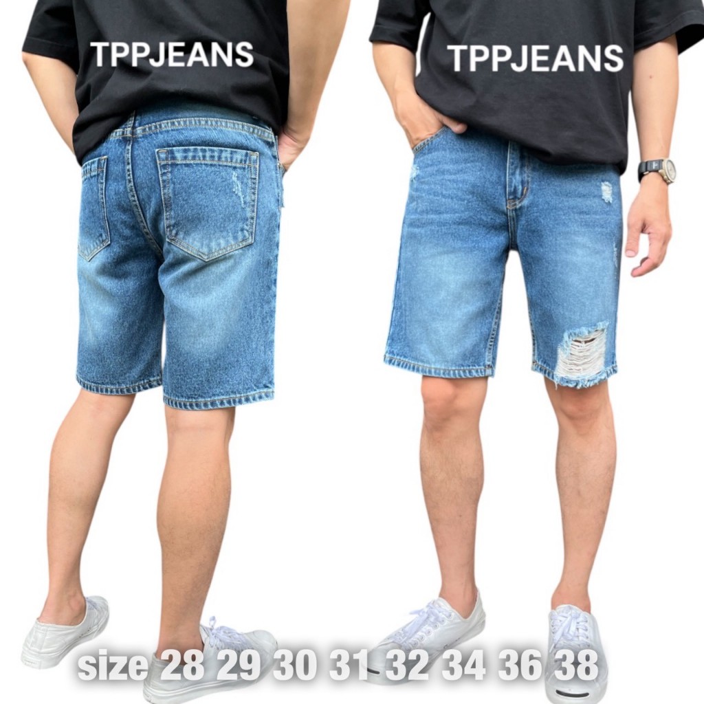 JEANSEEXPRESS MT7 Shorts DENIM กางเกงยีนส์ขาสั้นชาย สีบลูยีนส์ฟอกแต่งขาด ทรงคลาสสิค ความยาวเหนือเข่า เป้าซิป Size28-38 ราคา ถูกที่สุด ดีลบีเคเค