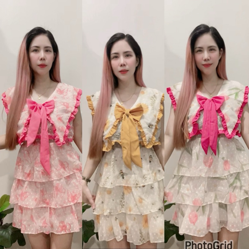 มินิเดรส คอปกแหลม ผ่าชีฟองลายดอก น่ารักมาก มีเชือกผูกหลังเก็บทรงเข้ารูป