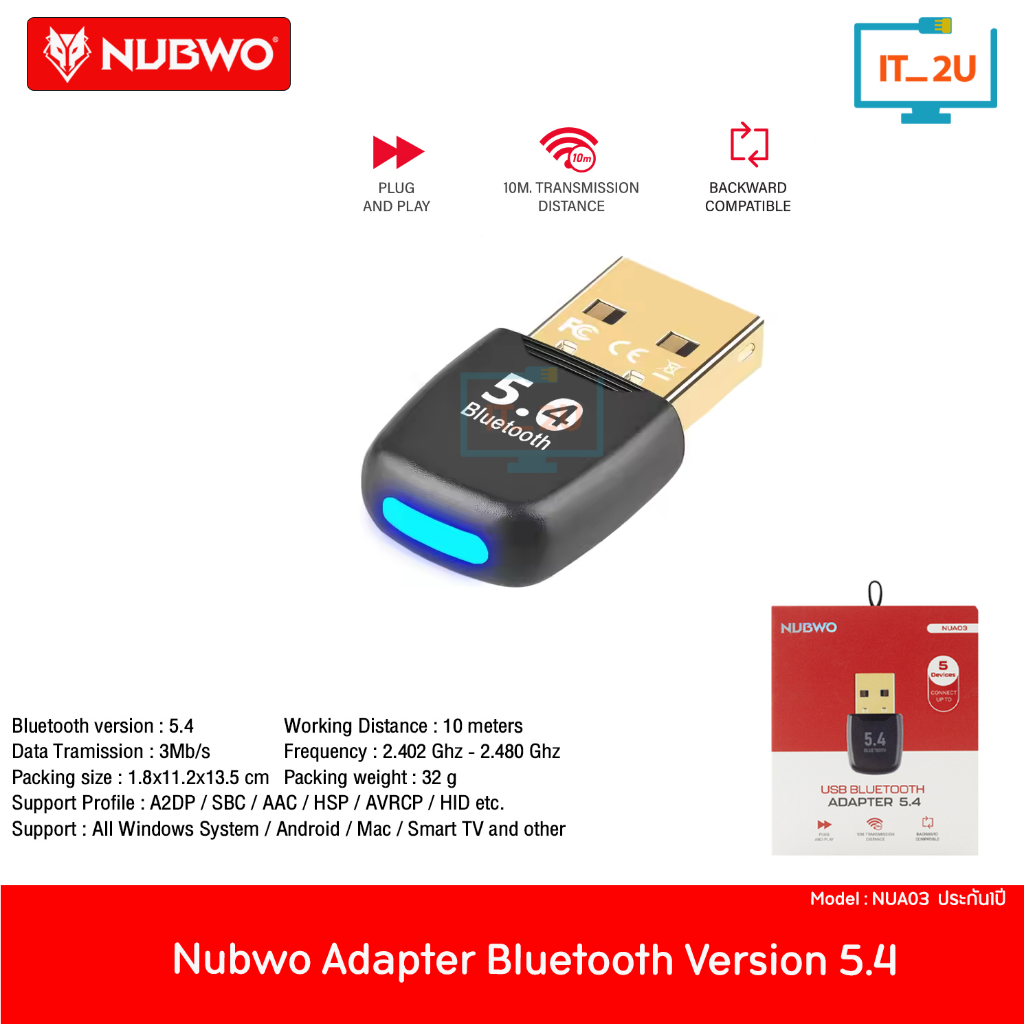 Nubwo NUA03 Adapter USB Bluetooth 5.4 ตัวรับสัญญาณบลูทูธ เชื่อมต่อได้ 5อุปกรณ์