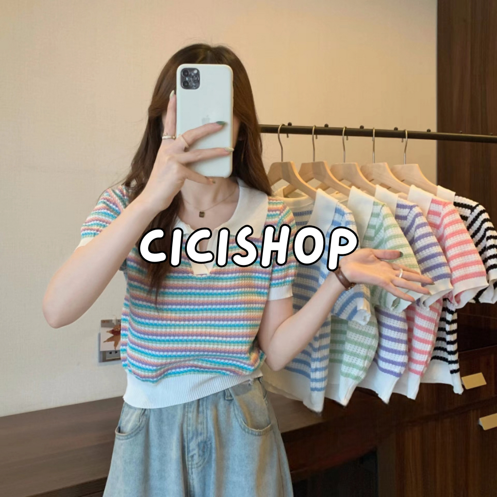 Cicishop(6246) เสื้อไหมแขนสั้นคอปก เพิ่มเว้าลึก ลายทางงานสวยสไลต์มินิมอลคิ้วสุด