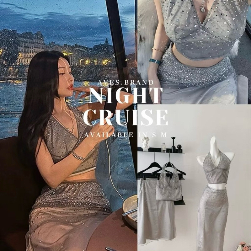 AVES.BRAND NIGHT CRUISE SET ชุดเซ็ตเสื้อ กระโปรง ประดับคริสตัล วิ้งๆ