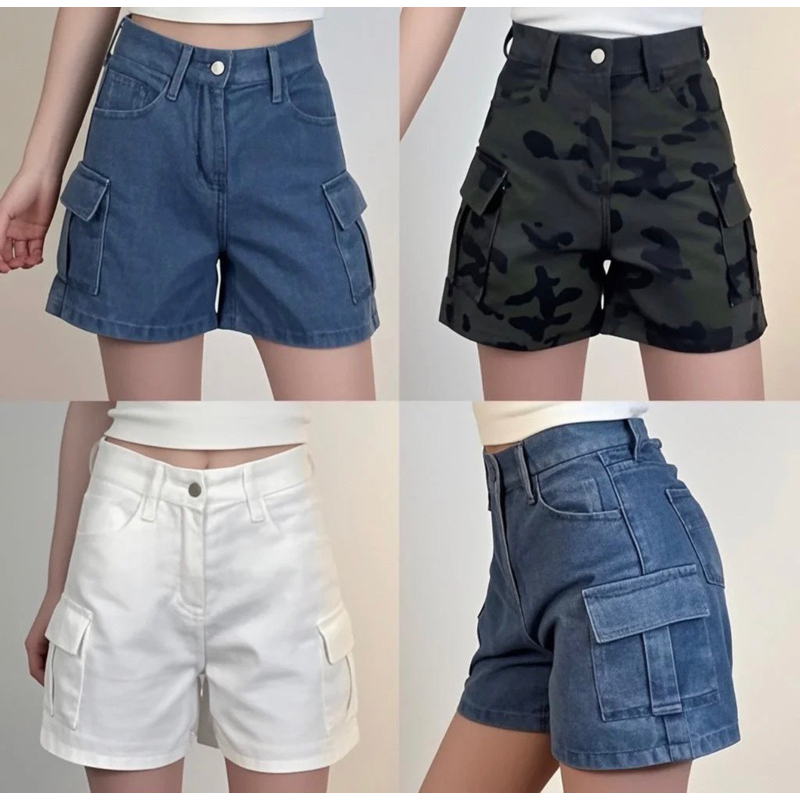 กางเกงยีนส์ขาสั้นทรงคาร์โก้ S-3XL เอวสูงเก็บพุง นื้อผ้ายีนส์ไม่ยืดใส่สบาย