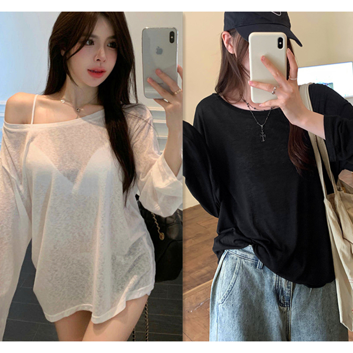 7904 เสื้อยืดแขนยาว ไซส์จัมโบ้ ใส่แมทช์เสื้อสายเดี่ยว หรือ บิกินี่ เสื้อไปทะเล ชุดป้องกันแสงแดด