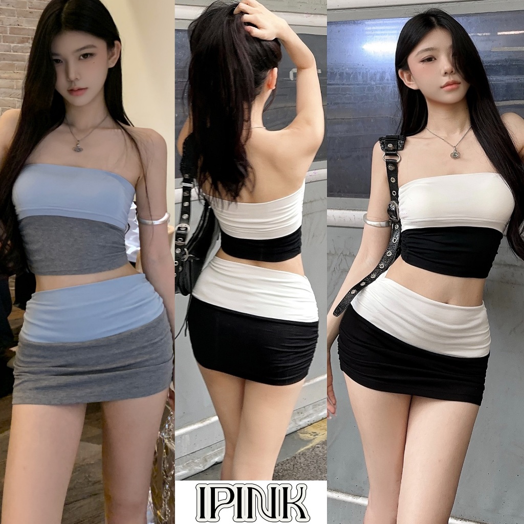 Ipink พร้อมส่ง🫦ชุดกระโปรงสั้นสายเดี๋ยว 🎱ชุดสาวเกาหลี ชุด2ชิ้น สีพื้น ชุดเซ็ทเซ็กซี่Y2K ทรงรัดรูป ชุดชายหาด แฟชั่นผู้หญิง