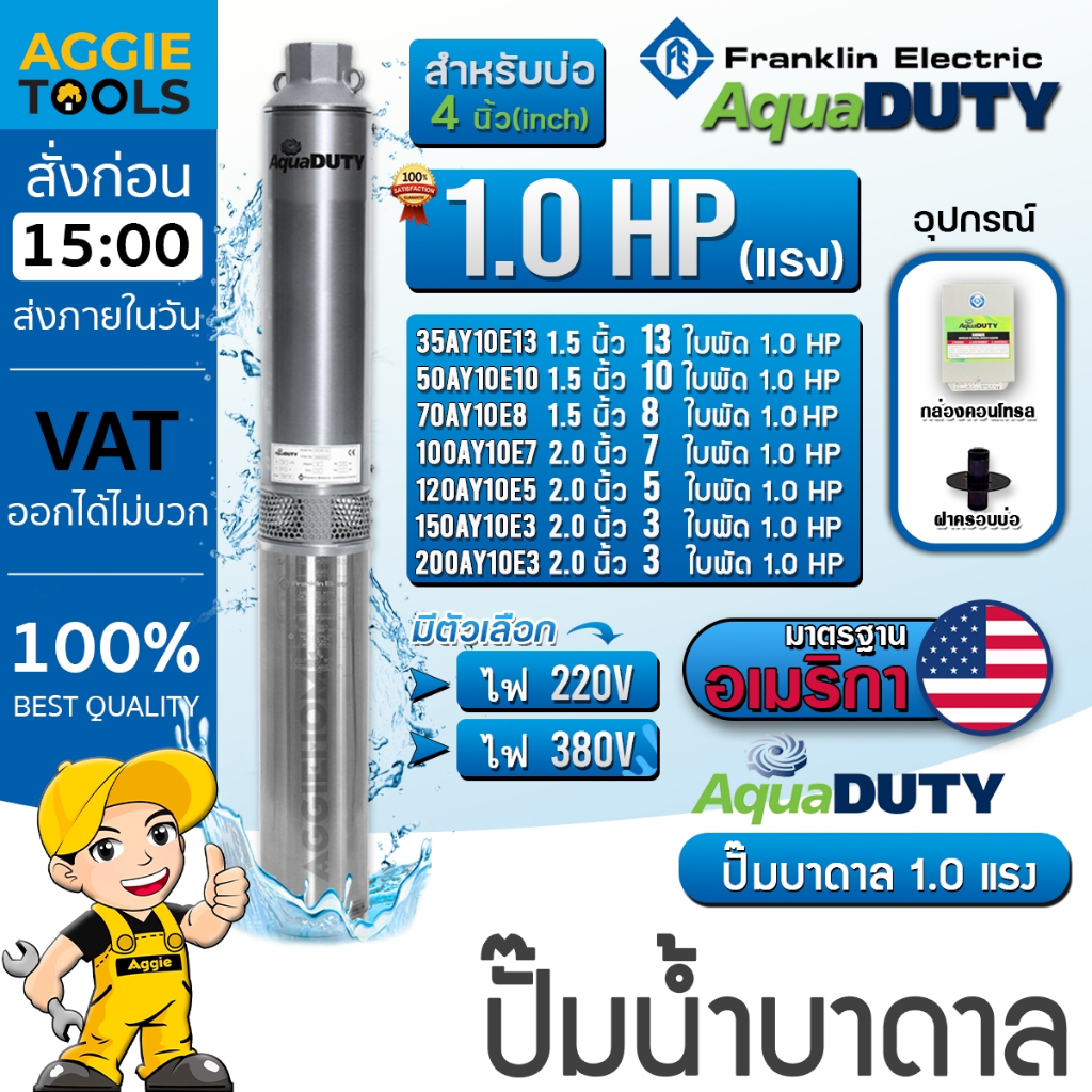 FRANKLIN AQUADUTY ปั๊มบาดาล 35AY10E13 (220V) 1HP ลงบ่อ 4-6 นิ้ว (มีตัวเลือกจำนวนใบพัด) บาดาล ปั๊มน้ำ