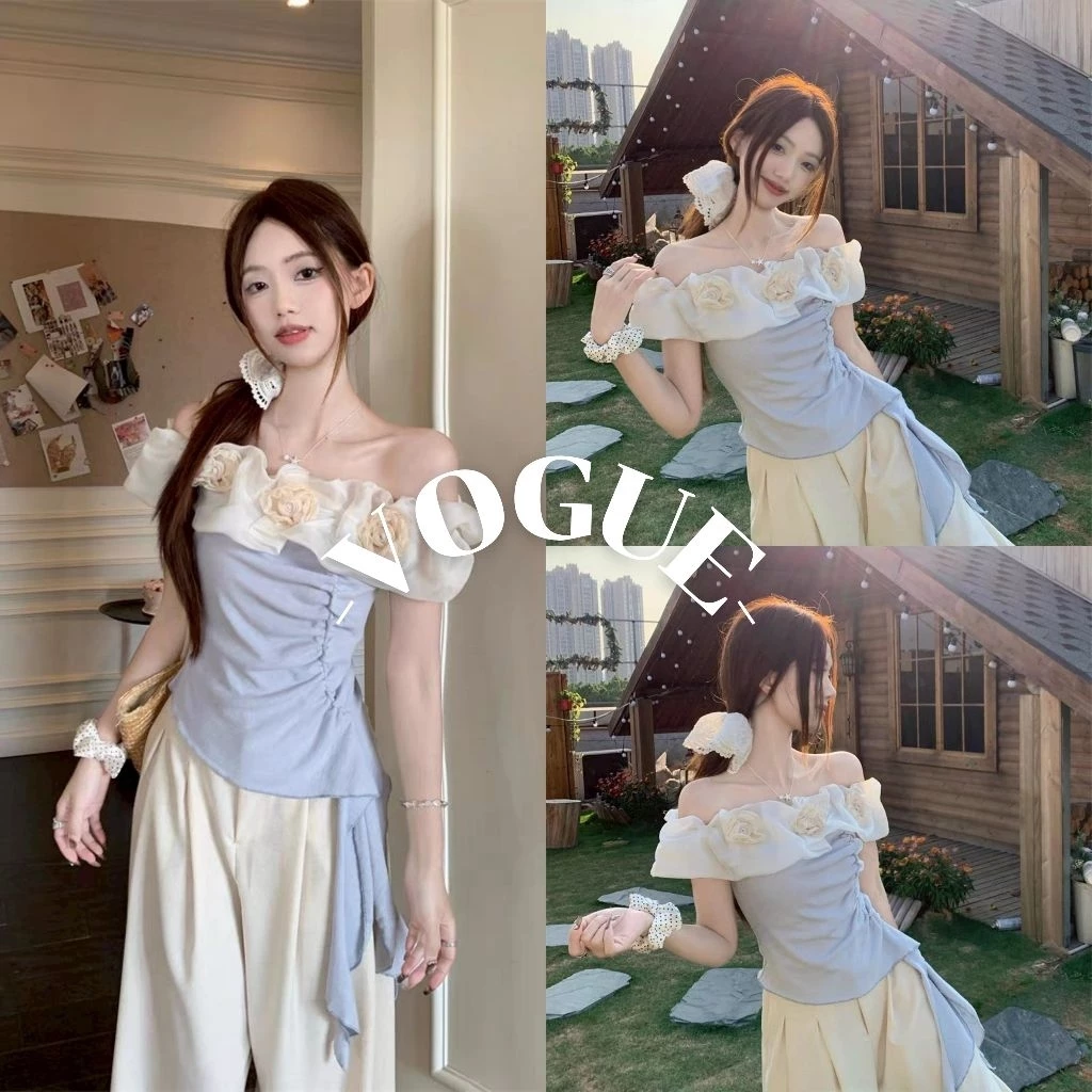 Vogue🌟พร้อมส่ง🌟 เสื้อไหมพรม เปิดไหล่แขนสั้น สีฟ้าพาสเทล (56516)