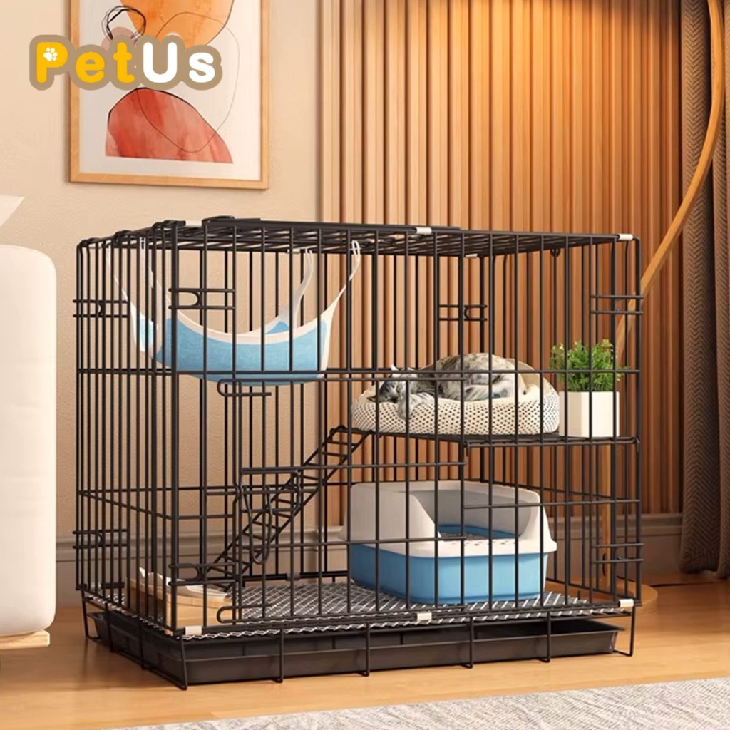 【 New กรงสีด้าน 】กรงแมว พับได้ กรงแมว2ชั้น ซี่กรงห่าง 4 ซม. เหล็กแข็งแรง มีถาดรองกรง เปลแมว บันได