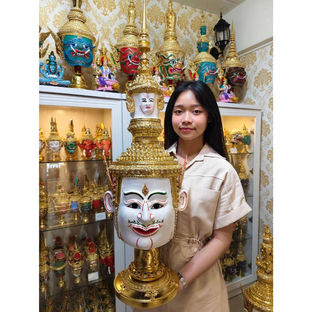 เศียรครู พระพรหม ขนาดครอบศรีษะ งานคุณภาพ โครงกระดาษ ปั้นหน้าด้วยผงไม้สัก ใส่ตาแก้ว ปิดทองเค ประดับพลอย แถมฐานไม้สีแดงฟรี