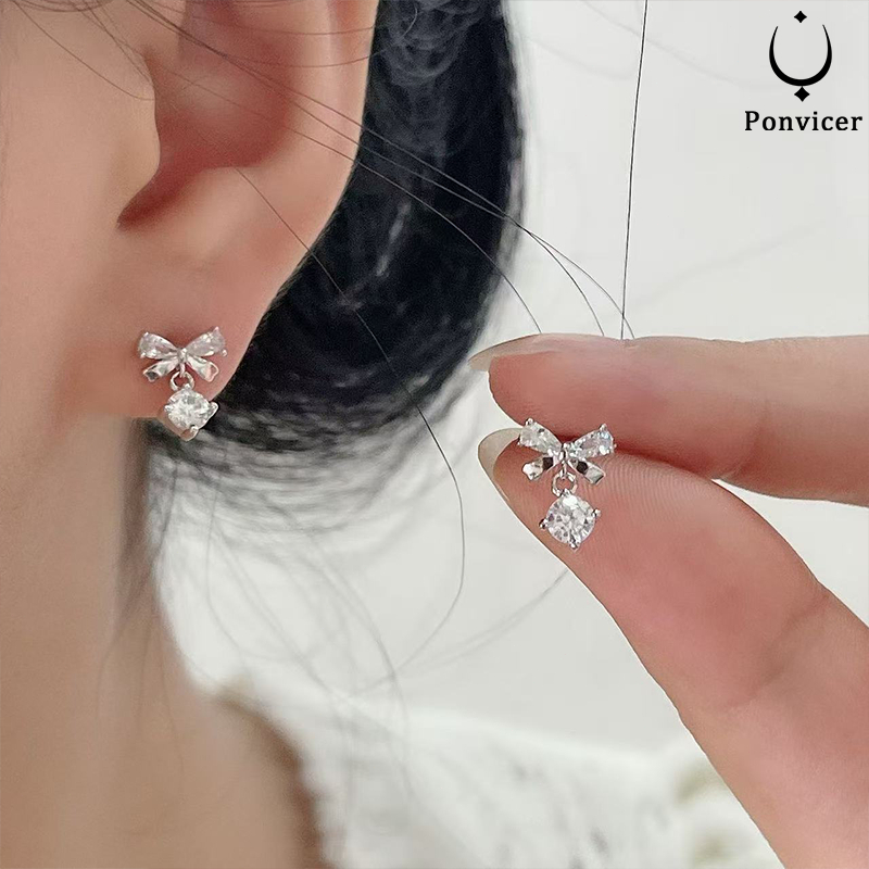 โบว์ เซอร์คอน ต่างหู ผู้หญิง เรียบง่า กะทัดรัด ต่างหู ประณีต  สไตล์ มินิ ต่างหู