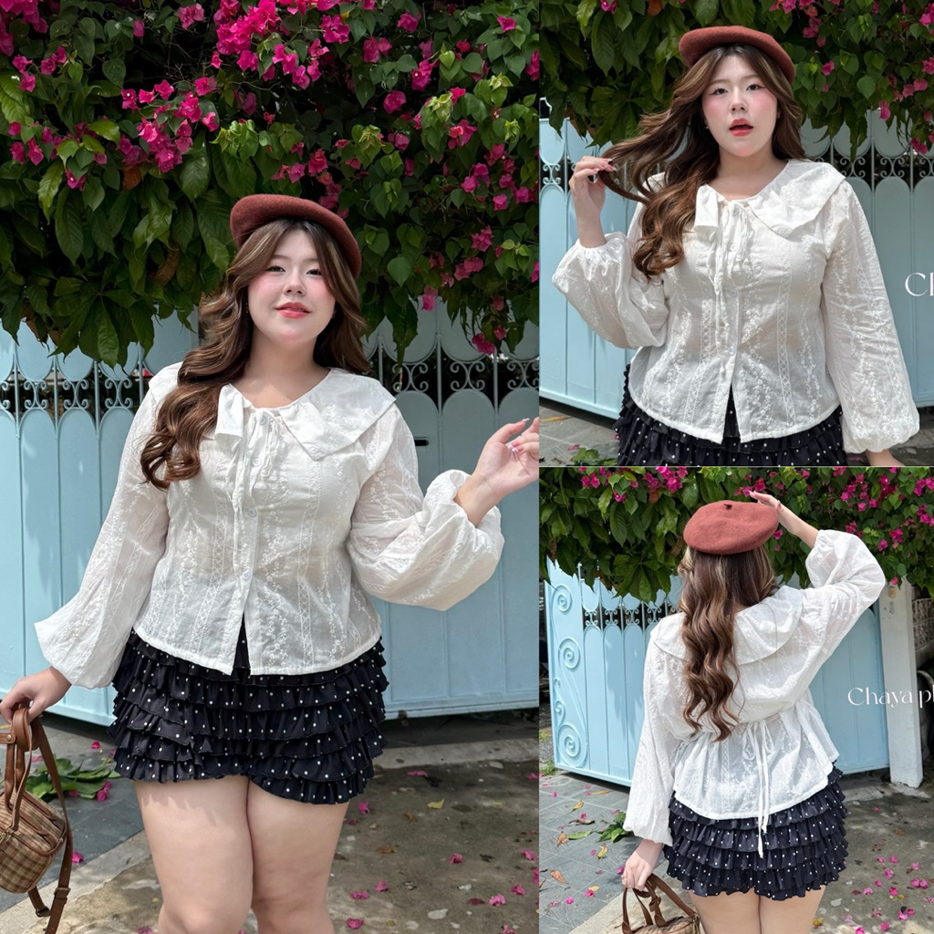 /LD/ เสื้อสาวอวบ ไซส์อก40-54 ผ้าฉลุ แต่งคอปกผูกโบว์ แมทช์ง่าย #เสื้อไซส์ใหญ่ พลัสไซส์