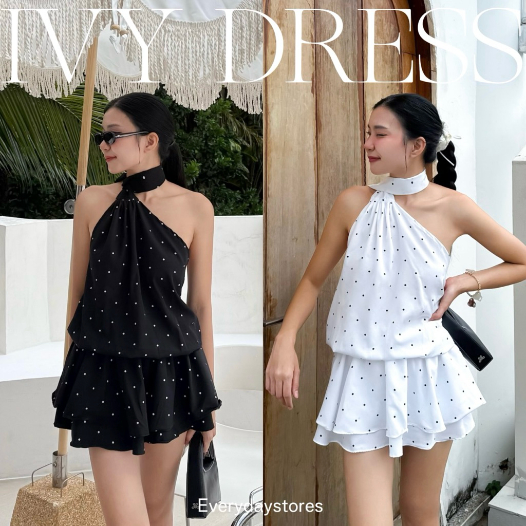 𝐈𝐯𝐲 𝐝𝐫𝐞𝐬𝐬 🪞✨   ชุดเดรสเปิดไหล่พันคอสุดเซ็กซี่ กระโปรงระบายชั้น งานตัดเย็บเอง