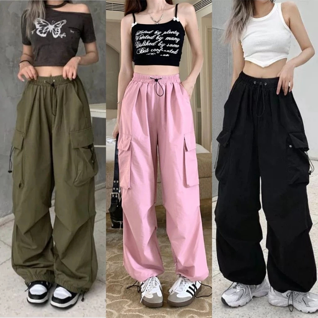 มีทั้งหมด6สี กางเกงเอวสูง กางเกงคาร์โก้ผู้หญิง กระเป๋าตรง 2ใบ มีเชือกที่เอว
