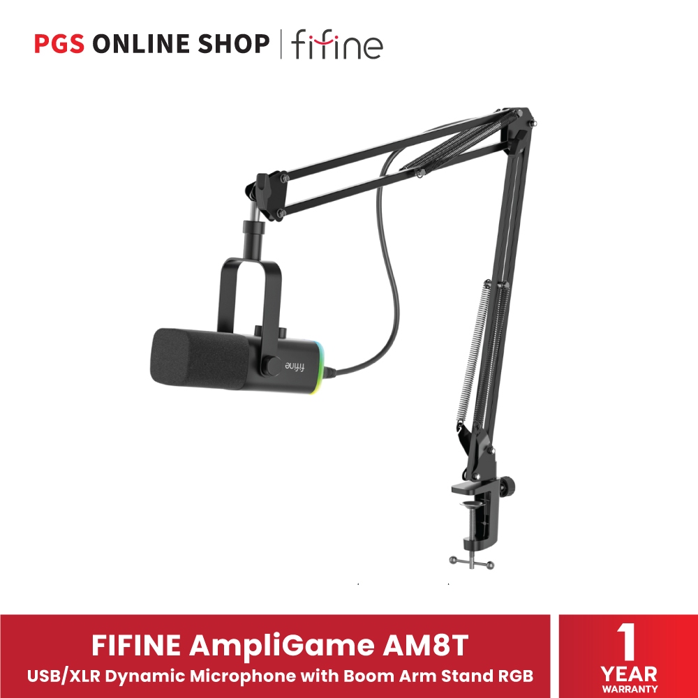 FIFINE AmpliGame AM8T USB/XLR Dynamic Microphone with Boom Arm Stand RGB (ไมโครโฟนยูเอสบี) มาพร้อมขา