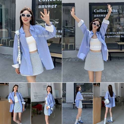 เสื้อเชิ้ต lll Freesize lll CT011 เสื้อเชิ้ตคอปก กระดุมหน้า แขนยาว ลายทาง เนื้อผ้าคอตตอลTC ผ้าดี ใส่