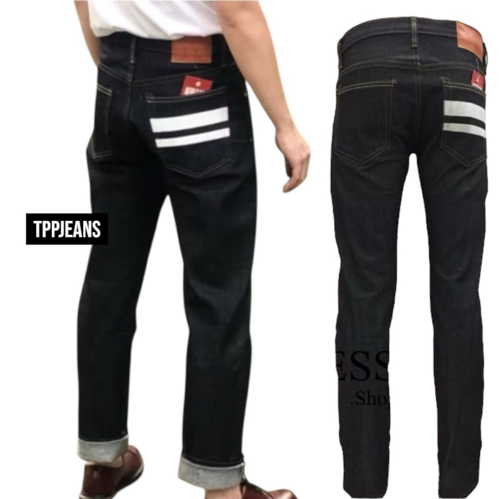 JXP Straight Raw Denim กางเกงยีนส์ชาย ผ้าดิบริมแดงแท้ 16oz. ทรงกระบอก แต่งแถบขาว Size 28-36 กระดุม รับชำระปลายทาง