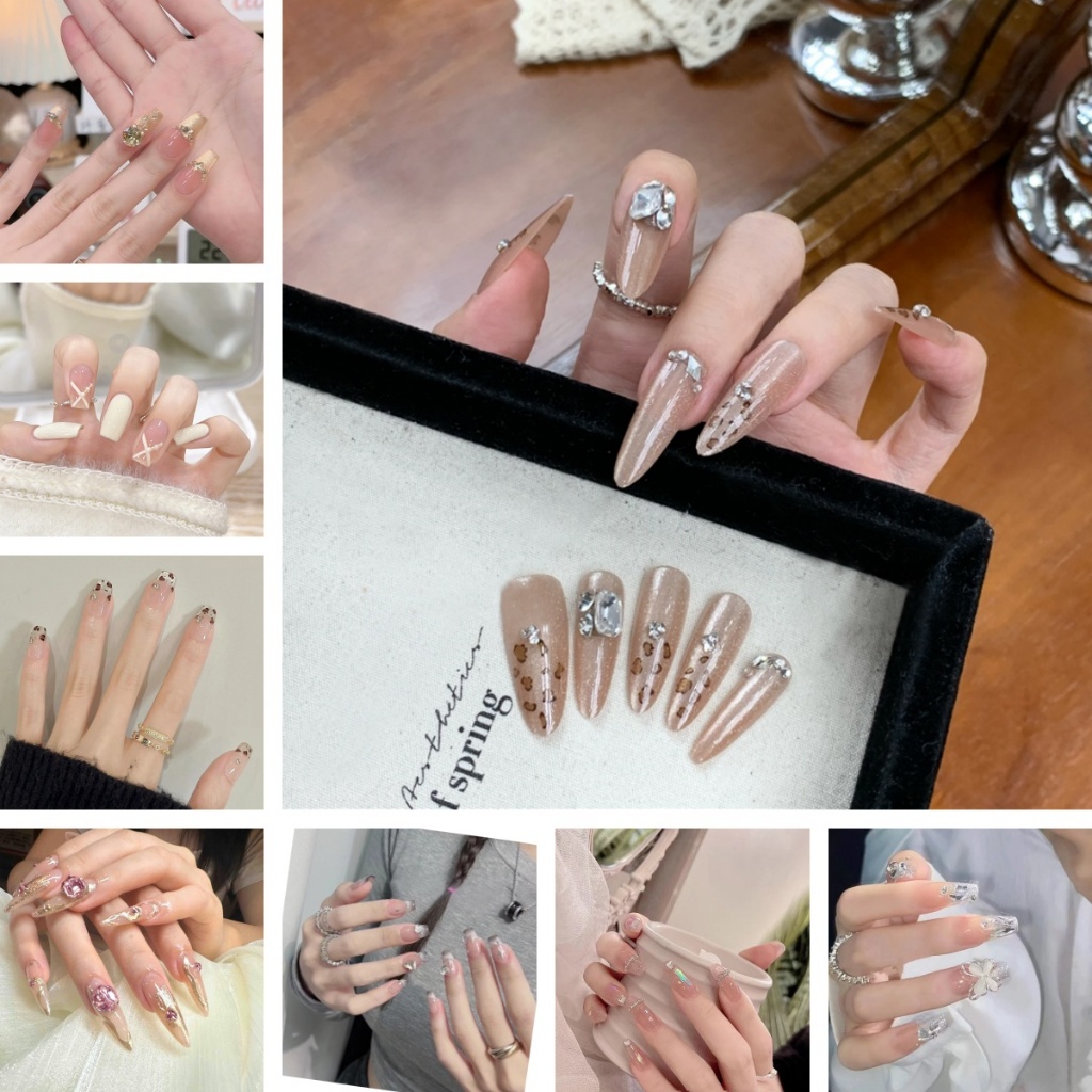 เล็บปลอม เล็บปลอม แบบยาว แฟลชเจาะ พร้อมกาวเจลลี่ สไตล์ฝรั่งเศส มี 24 ชิ้น