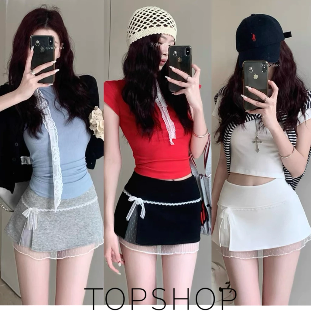 STR พร้อมส่ง🍑💞กระโปรงมินิ แต่งลูกไม้ ติดโปว์ กระโปรงสั้นทรงเอ ทรงรัดรูป มีกางเกงซับใน สีพื้น Y2K Skirt เซ็กซี่สุดๆแก๋ๆ