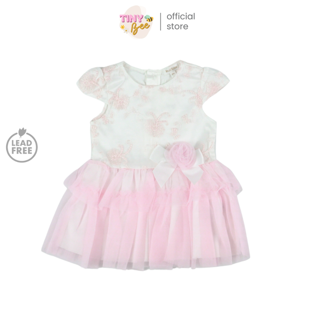TinyBee เดรสเด็กผู้หญิง เดรสเจ้าหญิง เดรสลูกไม้ เดรสออกงาน กระโปรงตาข่าย สีชมพู ขาว 3-9 เดือน
