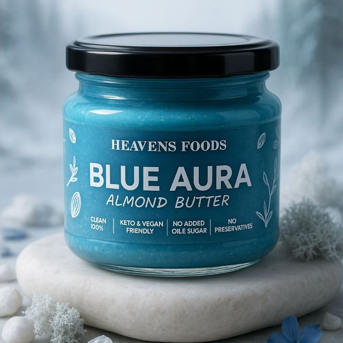 Blue Aura Almond Butter เนยถั่วอัลมอนด์บลูโอร่า  พลังจากซูเปอร์ฟู้ด Blue Spirulina | HEAVENSFOODS