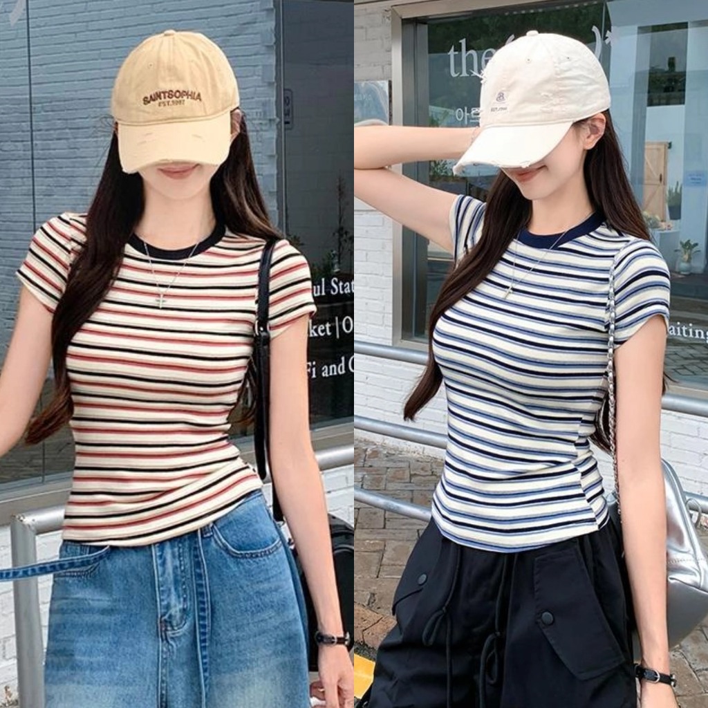 เสื้อยืดผู้หญิงลายทางคอกลม สไตล์เรียบง่าย แมทช์ง่าย ใส่สบายได้ทุกวัน