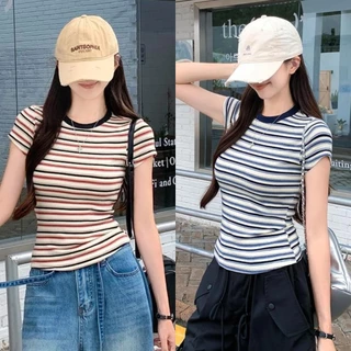 เสื้อยืดผู้หญิง เสื้อยืดลายทาง คอกลม เรียบง่าย สีพิเศษ ลายทางสีสวย #1502322