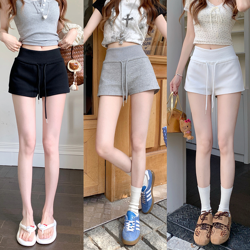 กางเกงลำลองสั้น กางเกงผ้านุ่ม สีทึบ เชือกปรับได้ ผ้ายืดได้ เเมทช์ง่าย #010217