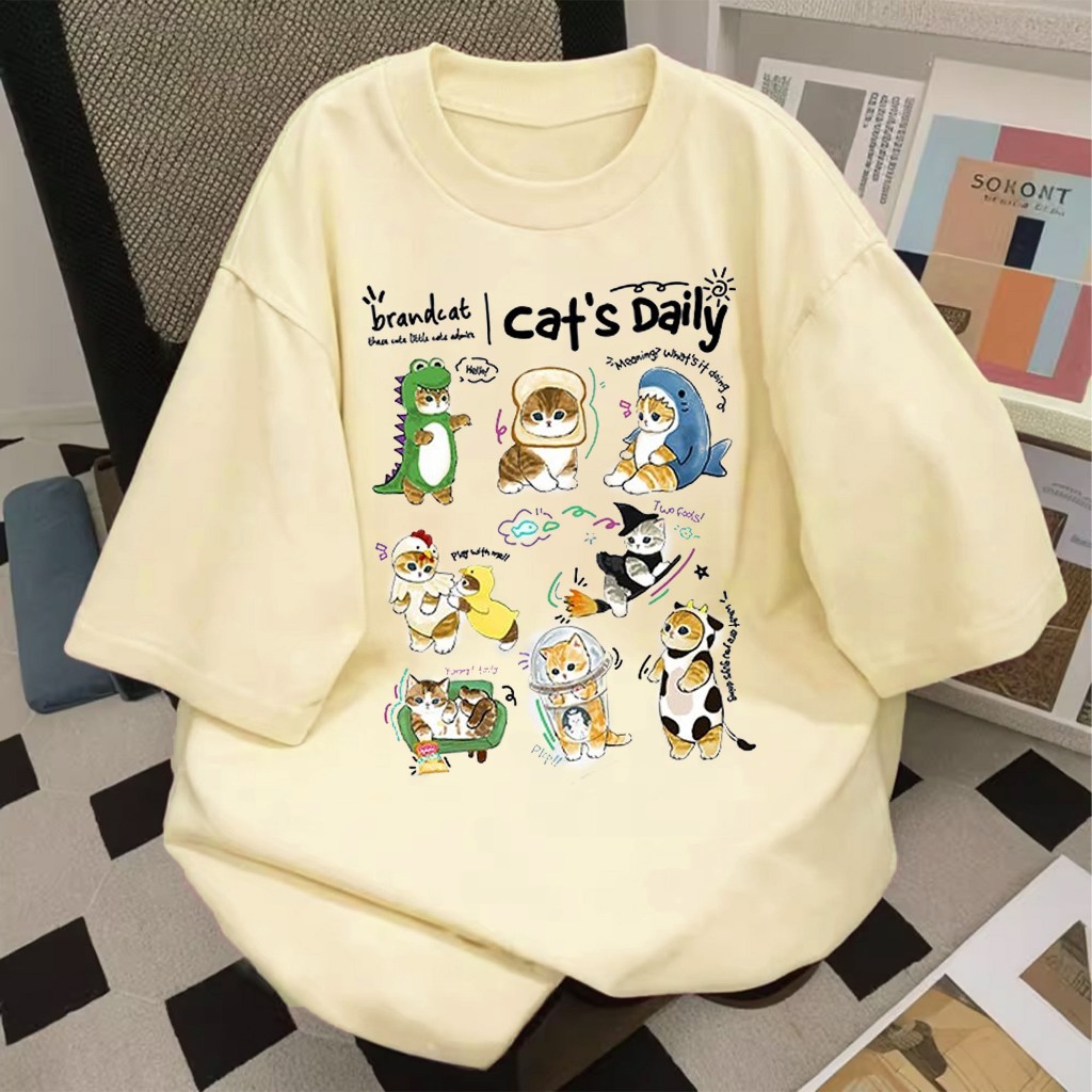 Basi💥 ผู้หญิง เสื้อยืด oversize เกรดพรีเมียม เสื้อคอตตอน100% ไม่หดตัว ใส่สบาย การ์ตูนน่ารัก ลาย "CAT'S DAILY"