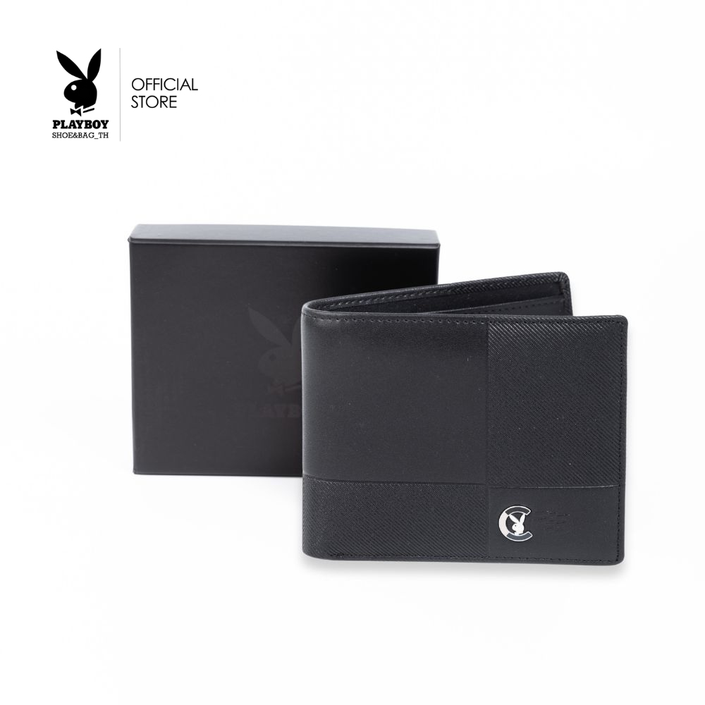 PLAYBOY Axis Men's Wallet Bag กระเป๋าสตางค์ผู้ชาย รุ่น ST-WA252PBM080-BK ดีไซน์สกรีนเคฟล่า ตัดสี่เหลียม อะไหล่โลโก้