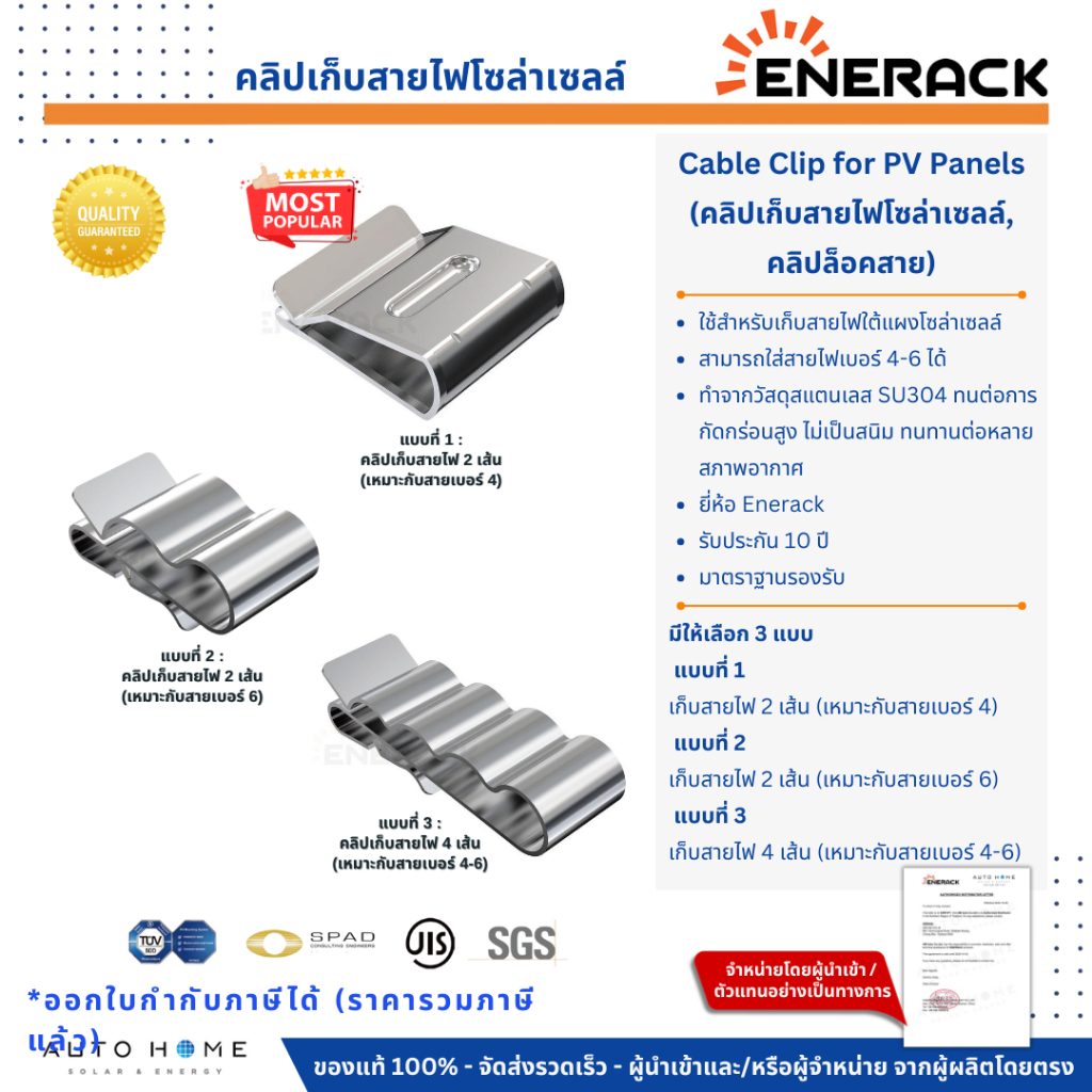 ENERACK คลิปเก็บสายไฟโซล่าเซลล์ คลิปล็อคสาย สำหรับสาย 2/4 เส้น ใส่สายไฟเบอร์ 4-6 (Cable Clip for PV)