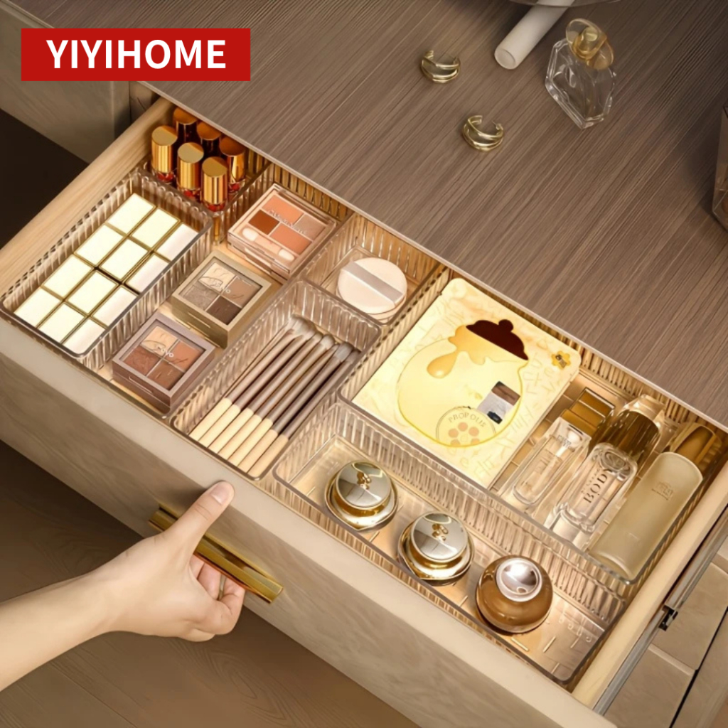 YIYIHOME กล่องจัดระเบียบโต๊ะ กล่องเก็บ กล่องแบ่งช่องในลิ้นชัก กล่องอะคริลิค สําหรับเก็บเครื่องสําอางหรืออื่นๆ
