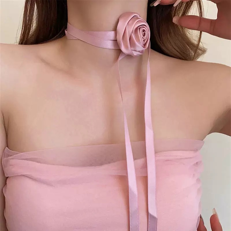 พร้อมส่ง🎀 ครีม/ดำ/ชมพู 𓂃 ࣪˖ ִֶ   โชกเกอร์ดอกกุหลาบตูมๆ ริบบิ้นผูกใส่ง่ายๆจ้า  ࣪ ִֶָ☾.˚.🎀⋆