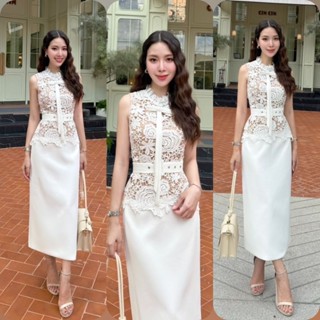 Shimmer / ชุดเซ็ตเสื้อลูกไม้แขนกุด+กระโปรงยาวทรงสอบ