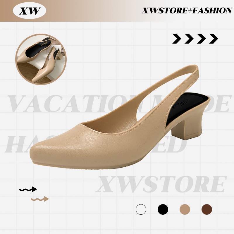 XWshopee รุ่นใหม่ พร้อมส่ง รองเท้าคัทชู ส้นสูง แบบสวม หัวแหลม มีสายรัดส้น ทรงสวย ดูดีดูแพง มีมาให้เลือก 3 สี โทนสีสุภาพ ราคา ถูกที่สุด ดีลบีเคเค