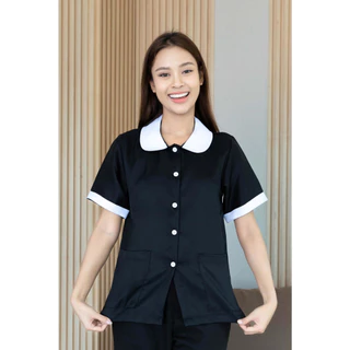 The Bow เสื้อแม่บ้านคอบัว มีกระเป๋า ใส่สบายทำงานคล่อง พนักงานทำความสะอาด เสื้อแม่บ้านโรงแรม