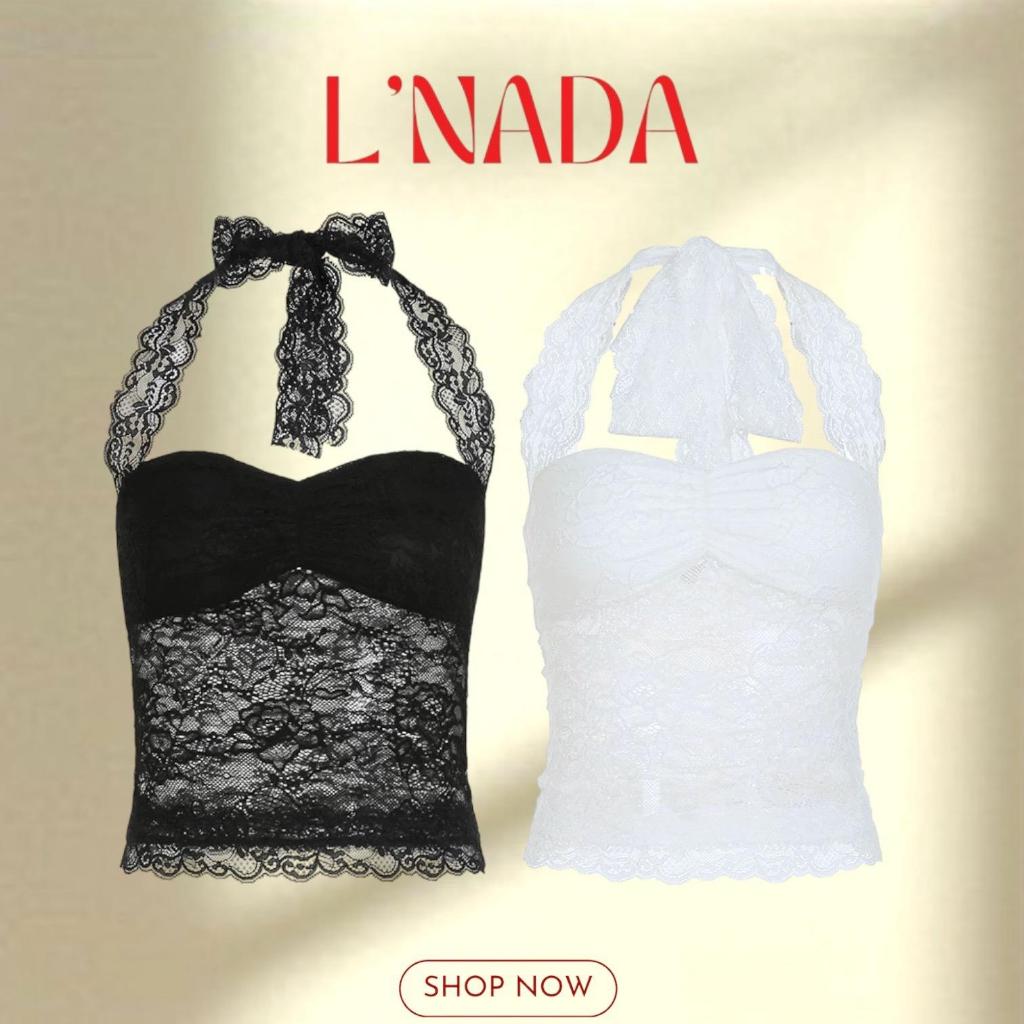 L'NADA【พร้อมส่ง】เสื้อครอปผูก ผ้าลูกไม้ มีฟองน้ำในตัว มีสองสี (2255)