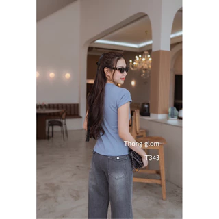 T343 Thong glom เสื้อคอวีกุ้น ผ้ายูนิโคล่เนื้อหนา ดีเทลแขนเต่อ