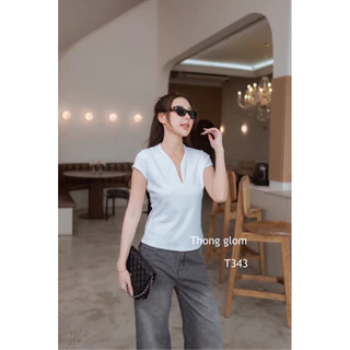 T343 Thong glom เสื้อคอวีกุ้น ผ้ายูนิโคล่เนื้อหนา ดีเทลแขนเต่อ
