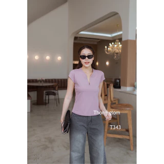 T343 Thong glom เสื้อคอวีกุ้น ผ้ายูนิโคล่เนื้อหนา ดีเทลแขนเต่อ