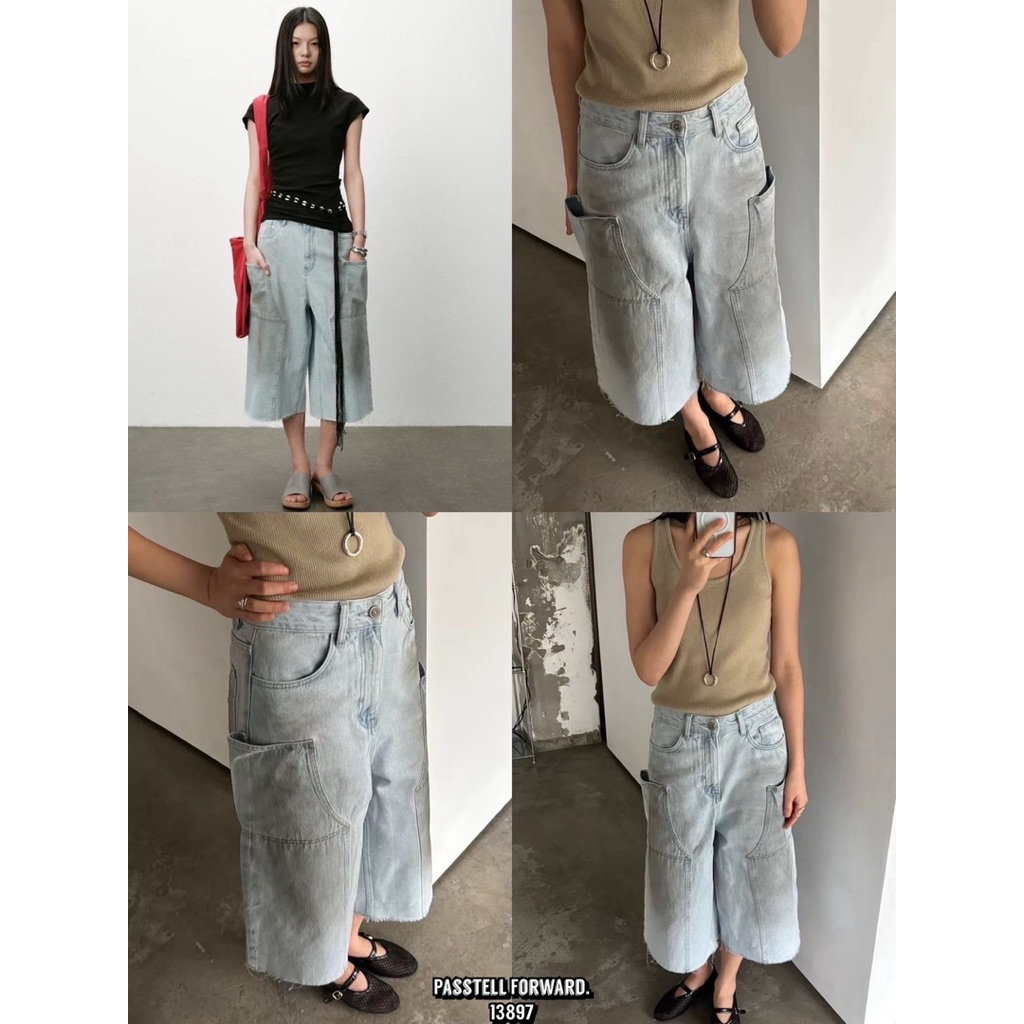 🇰🇷New🇰🇷  Korea darim short jeans กางเกงยีนขาสามส่วน ดีเทลแต่งดำๆเซอๆ กระเป๋าหน้า ทรงสวยมากค้าาา