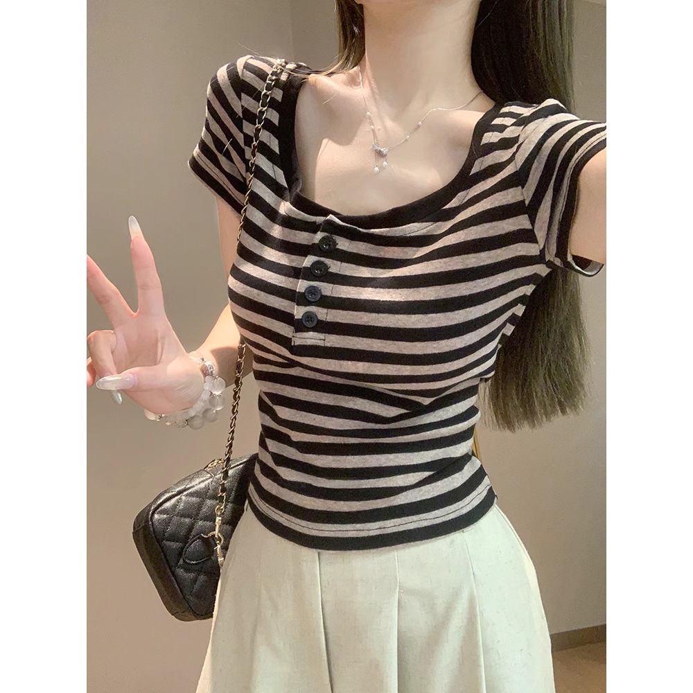 HSS ร้านเสื้อผ้าสตรี🌸🌸เสื้อแขนสั้นเซ็กซี่สำหรับผู้หญิง - เสื้อยืดแขนสั้นลายทางสไตล์เกาหลีคุณภาพดี