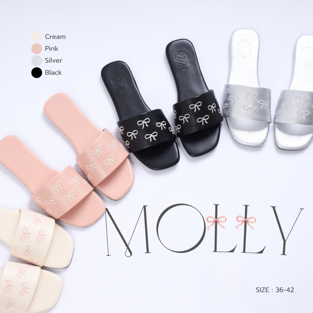 [ ลดล้างสต๊อก ]  - Molly รองเท้าแฟชั่น ปักโบว์ [Sz.36-42] พื้นนุ่ม หนังPUนิ่ม พื้นกันลื่น