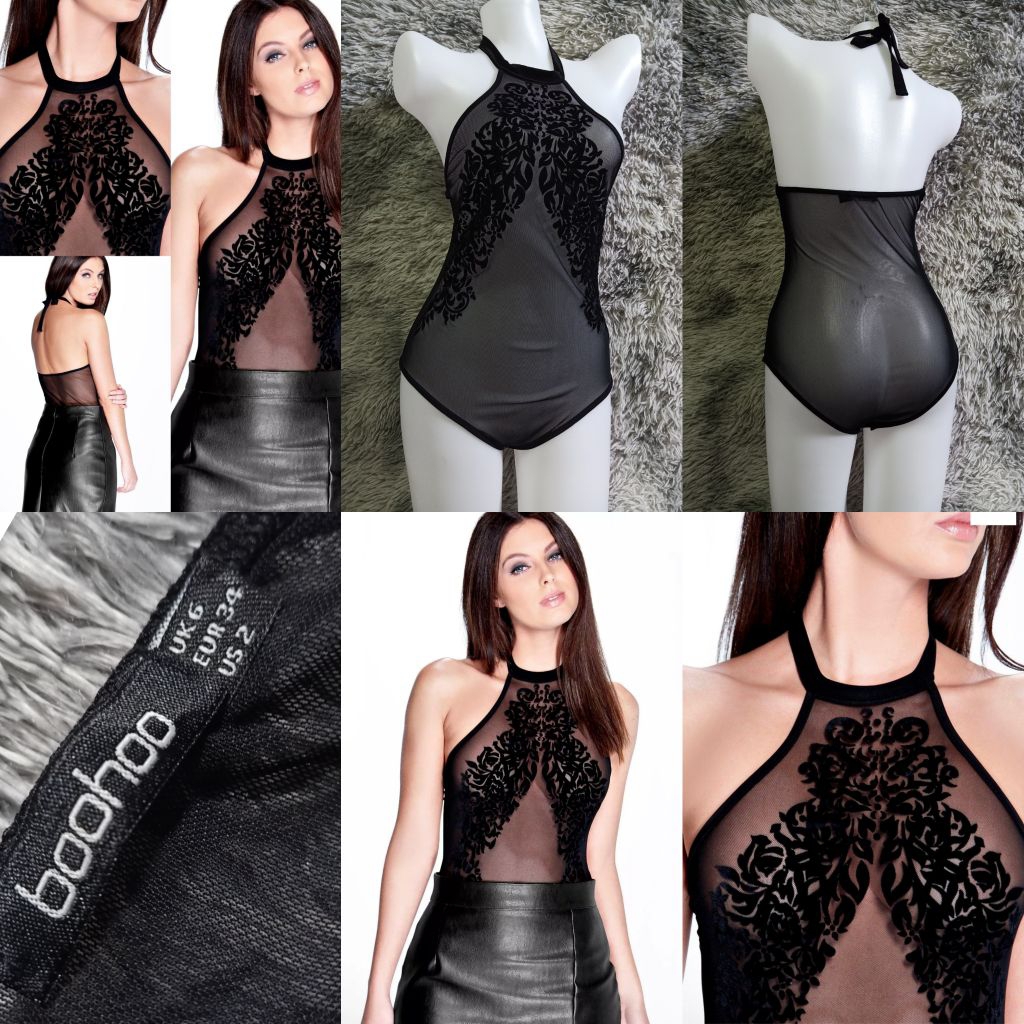 #ชุดชั้นในเซ็กซี่ ซีทรูทั้งตัว แต่งลายกำมะหยี่ ผูกคอ#BOOHOO SIZE UK6 อก 32-33"